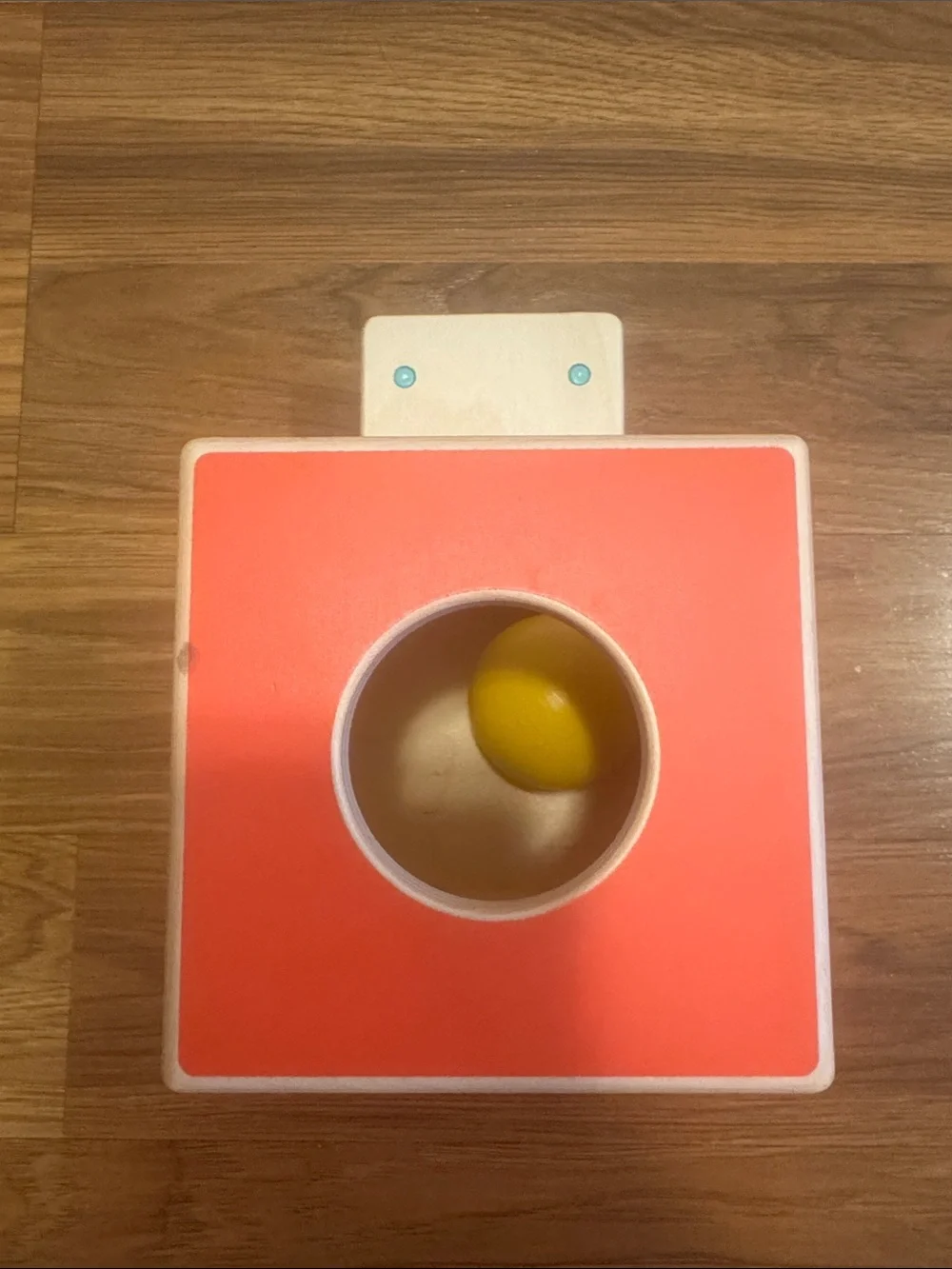 Lovevery Wooden Cube Toy Box with Orange Top and Teal Handle